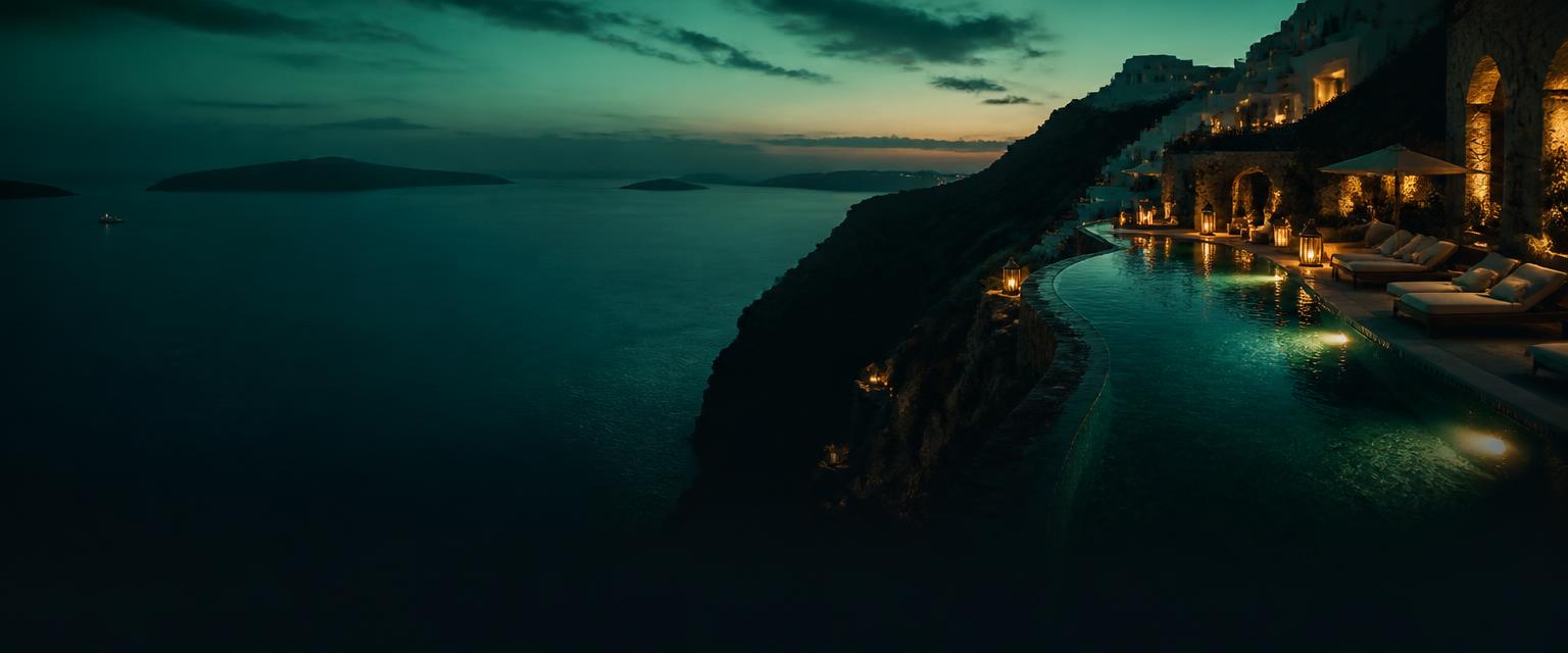 A bright cliffside resort terrace above a turquoise sea