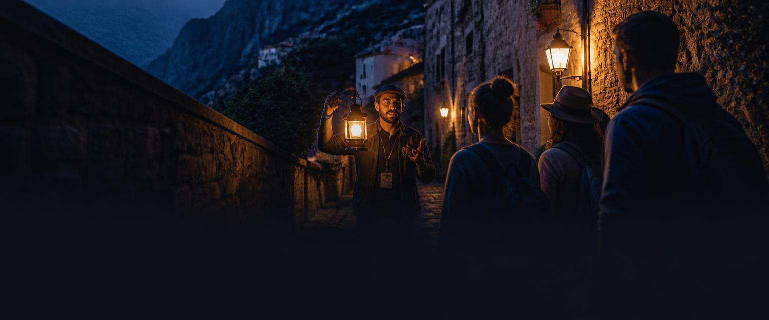 A local guide leading travellers down a sunlit lane